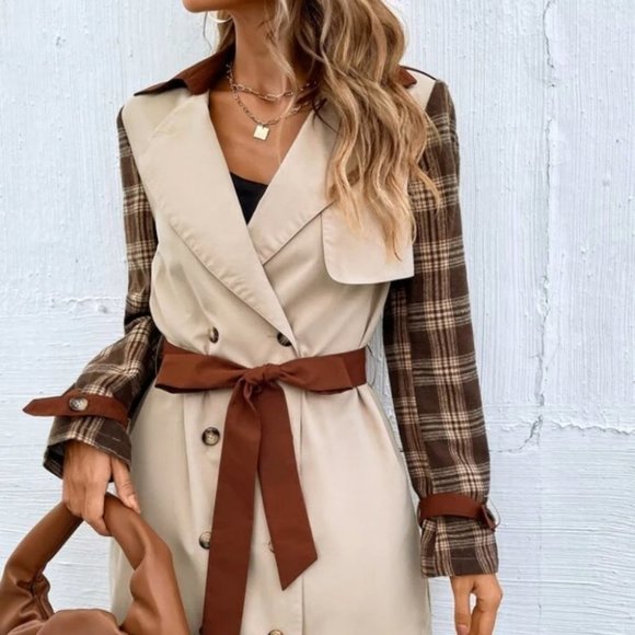 Plaid Print Double Breasted button Belted Trench Coat Jacket - Picture 3 of 6